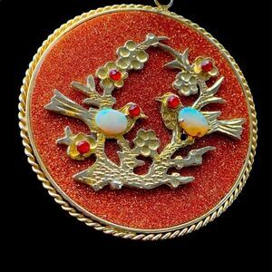 Rare vintage HOBE’ goldstone opal huge 2.25” pendant necklace faux sapphire ruby